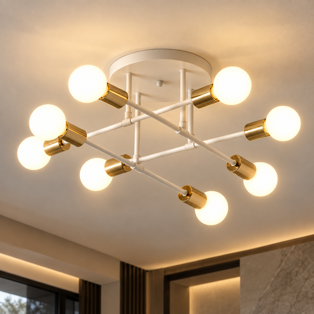 Lustre Plafonnier à Branches Blanc et doré – 8 Points Lumineux