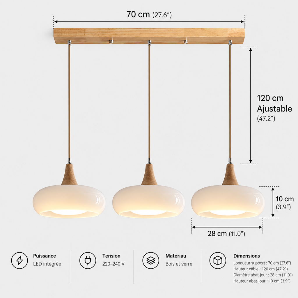 Lustre Suspendu Rétro Blanc lait – 3 suspensions alignées