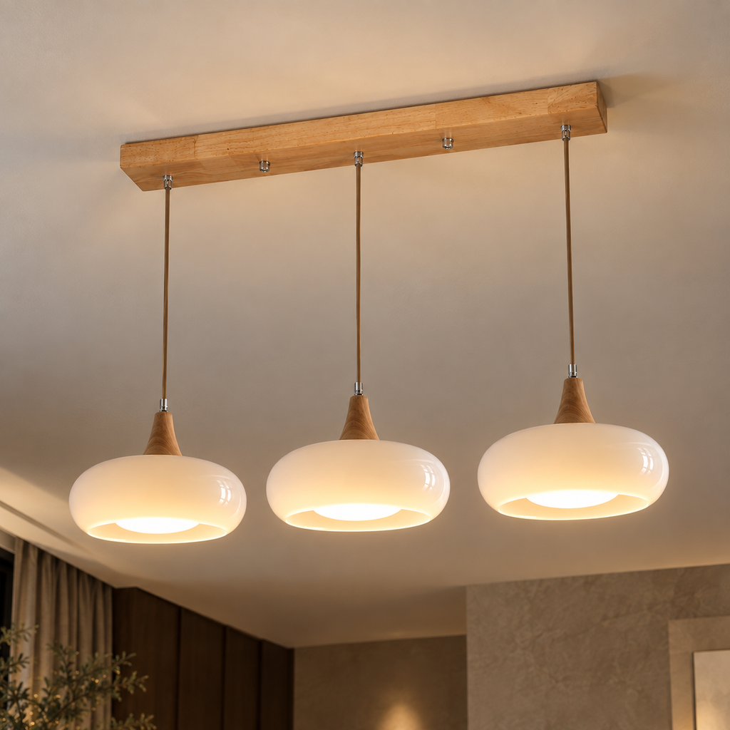 Lustre Suspendu Rétro Blanc lait – 3 suspensions alignées