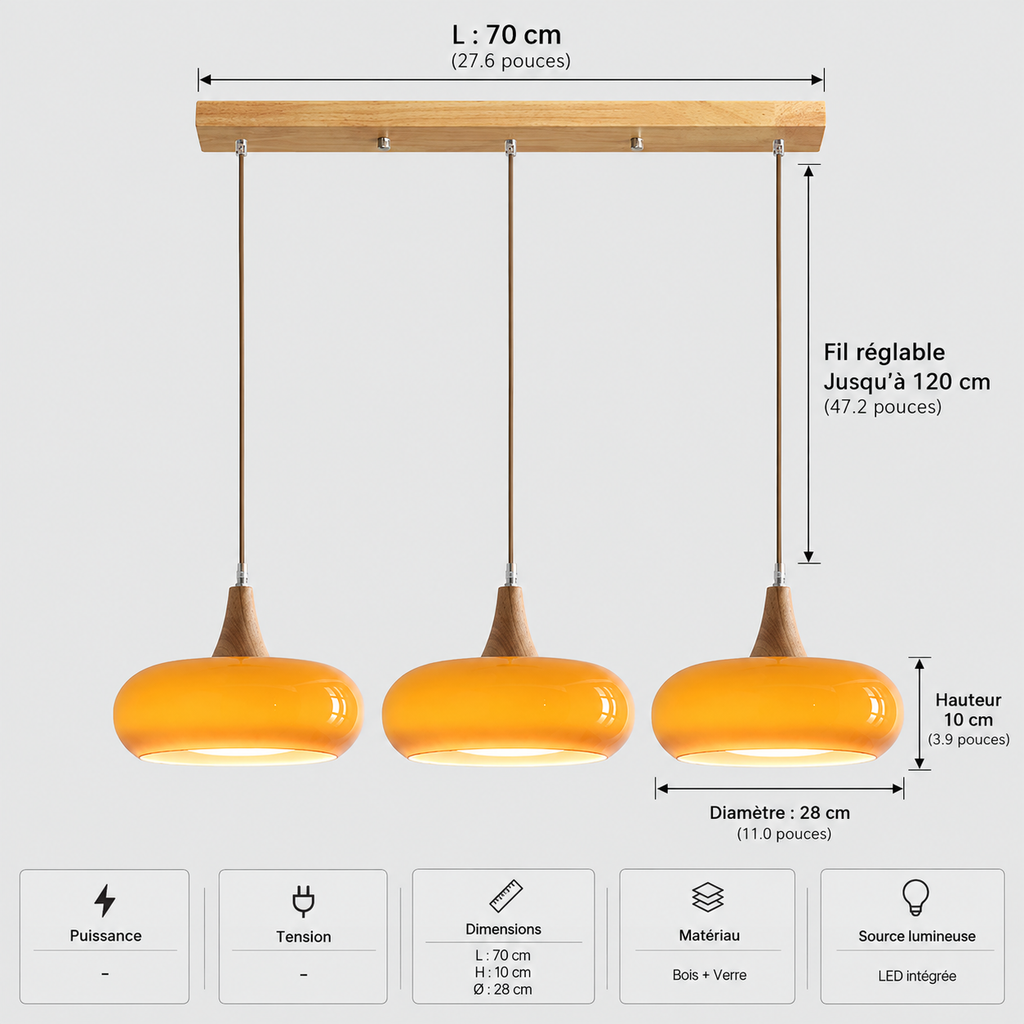 Lustre Suspendu Rétro Orange – 3 suspensions alignées