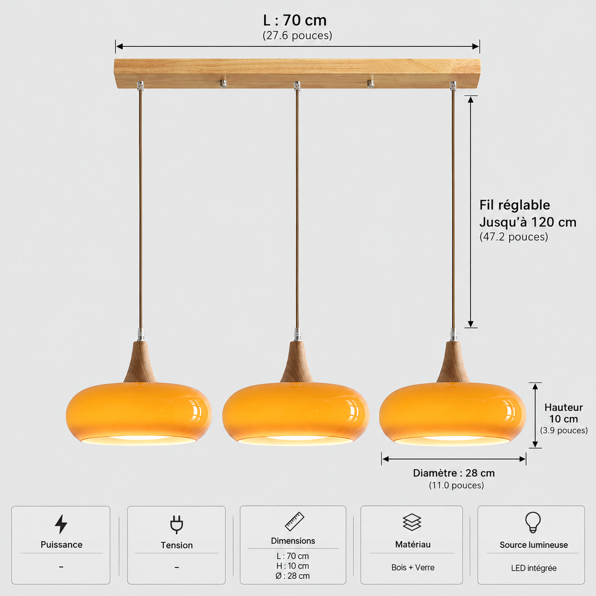 Lustre Suspendu Rétro Orange – 3 suspensions alignées