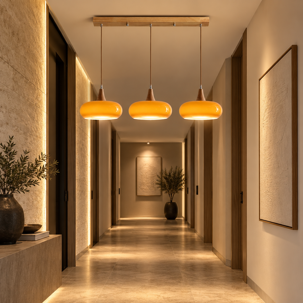 Lustre Suspendu Rétro Orange – 3 suspensions alignées