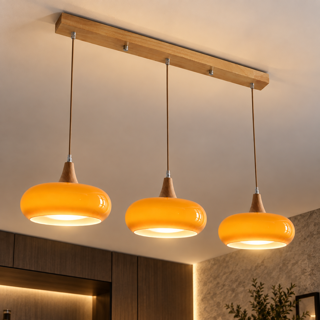 Lustre Suspendu Rétro Orange – 3 suspensions alignées