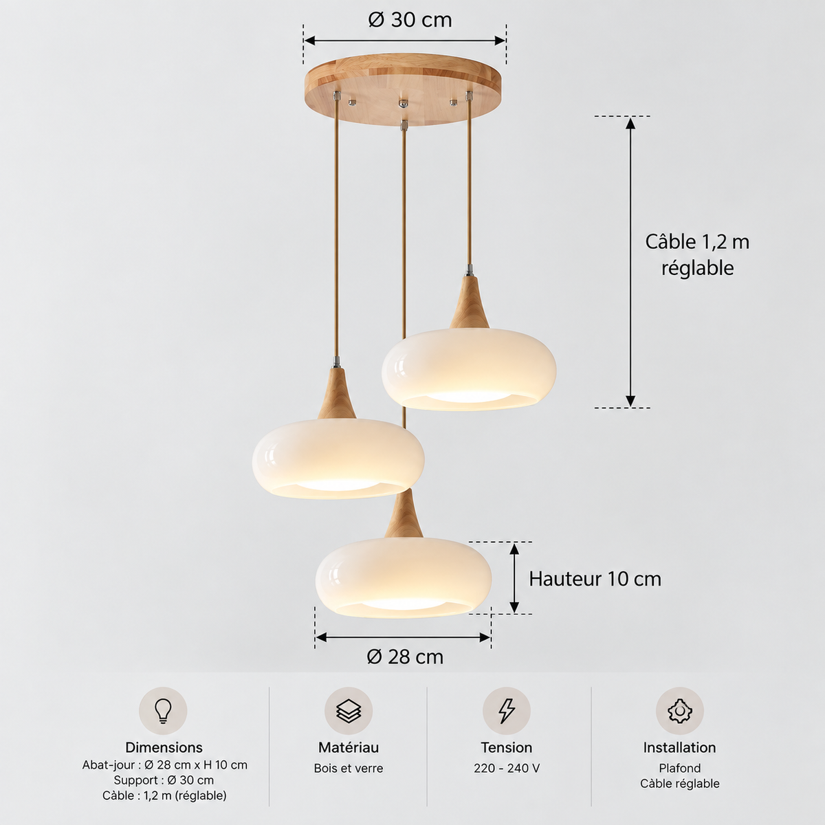 Lustre Suspendu Rétro Blanc lait – Trois suspensions groupées