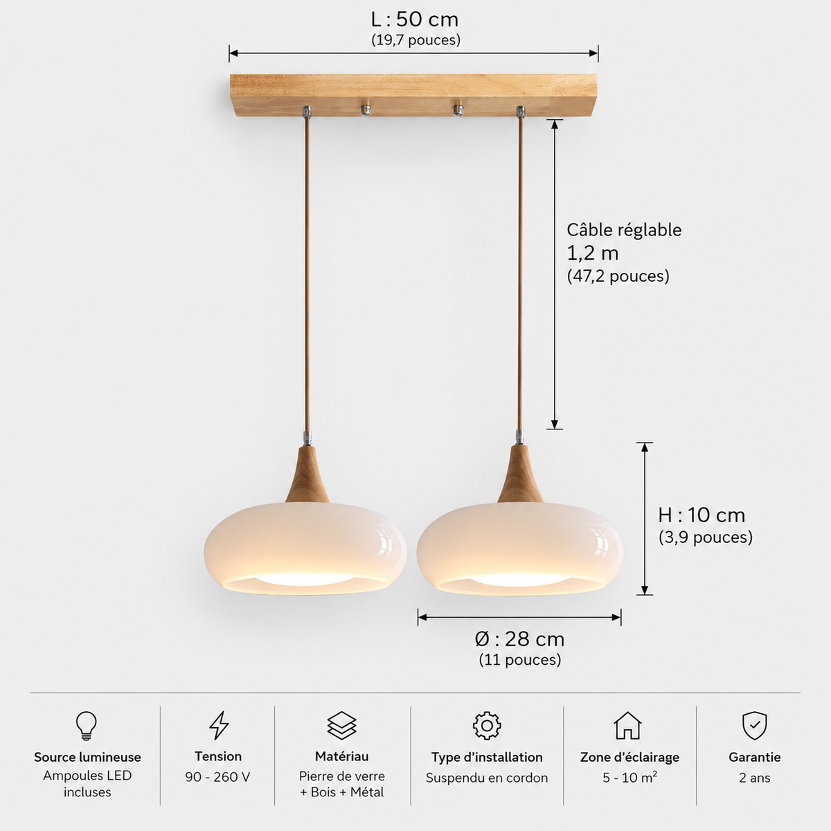 Lustre Suspendu Rétro Blanc lait – 2 suspensions alignées