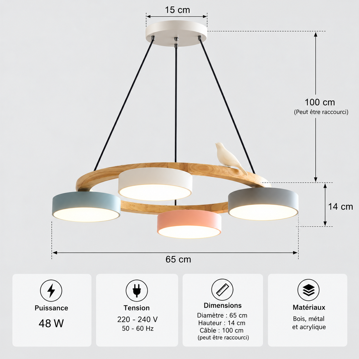 Lustre Suspendu Oiseaux en Anneau Multicolore – 4 Lumières