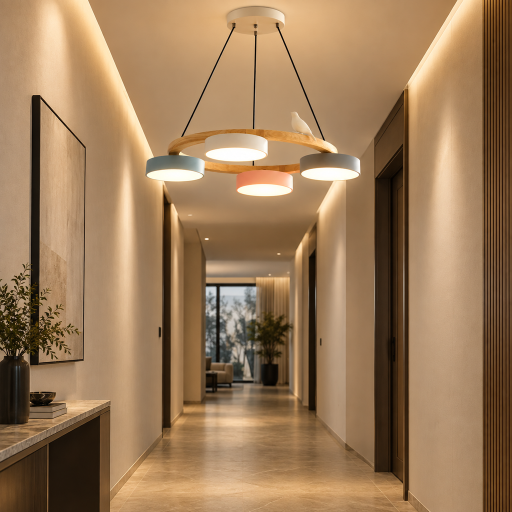 Lustre Suspendu Oiseaux en Anneau Multicolore – 4 Lumières