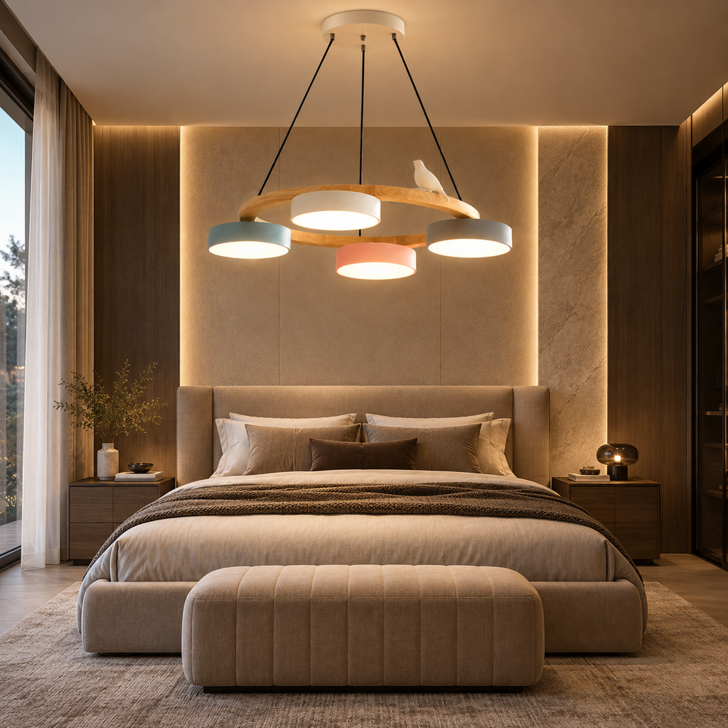 Lustre Suspendu Oiseaux en Anneau Multicolore – 4 Lumières