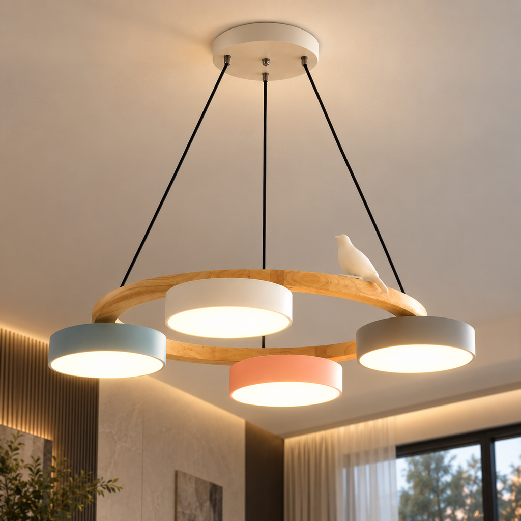 Lustre Suspendu Oiseaux en Anneau Multicolore – 4 Lumières