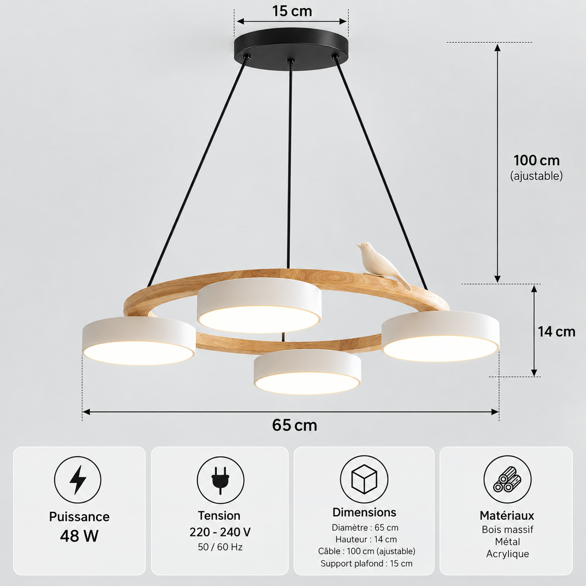 Lustre Suspendu Oiseaux en Anneau Blanc – 4 Lumières
