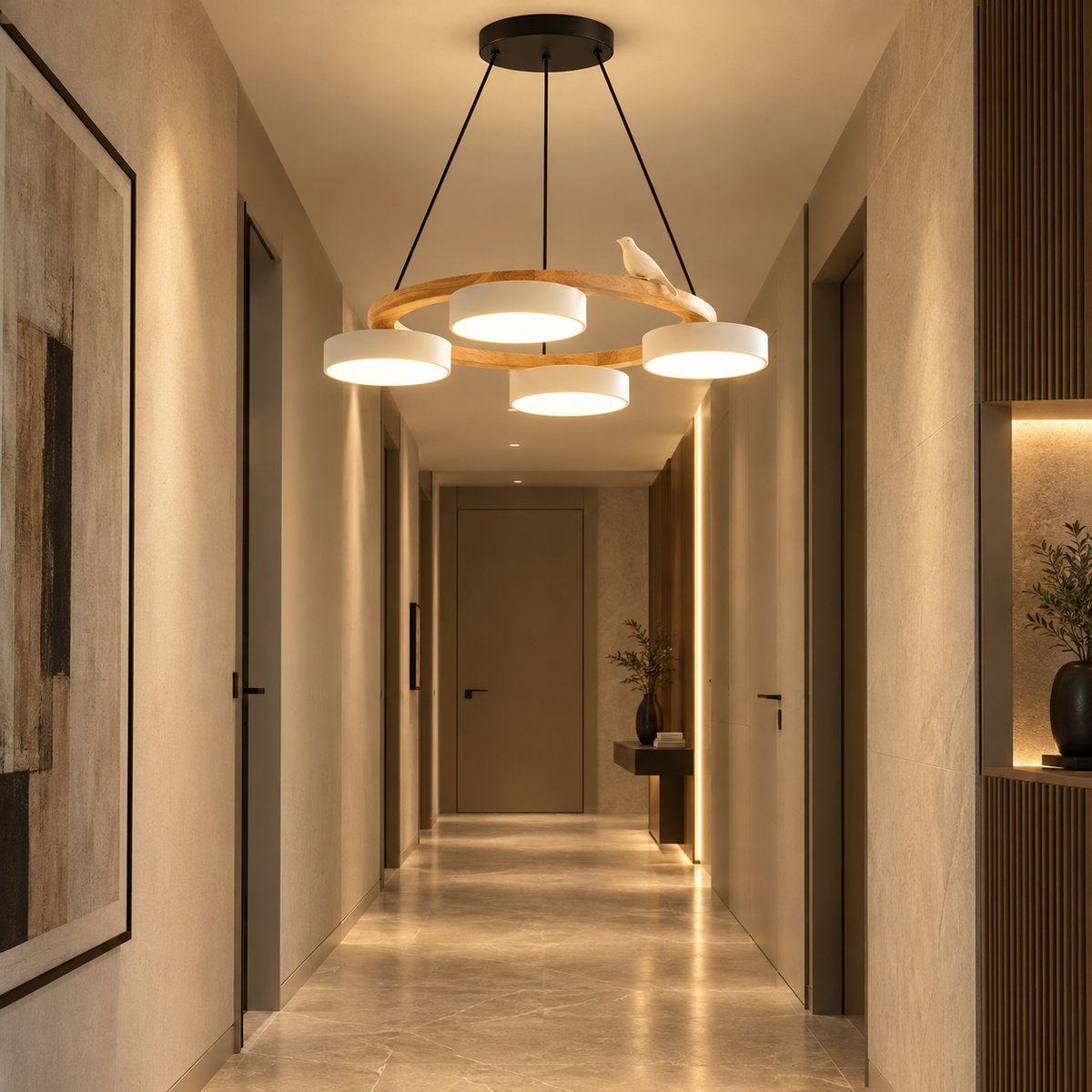 Lustre Suspendu Oiseaux en Anneau Blanc – 4 Lumières