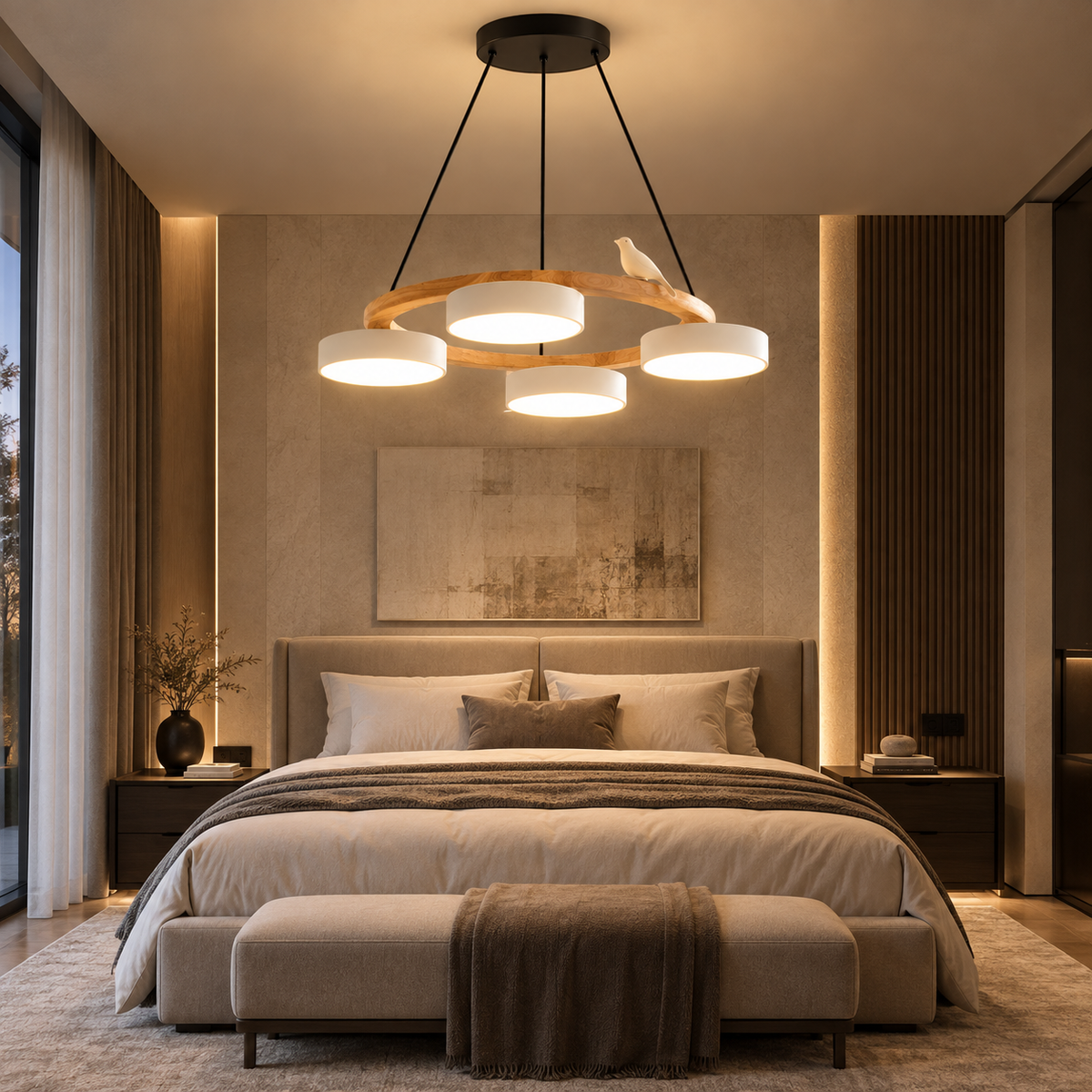Lustre Suspendu Oiseaux en Anneau Blanc – 4 Lumières