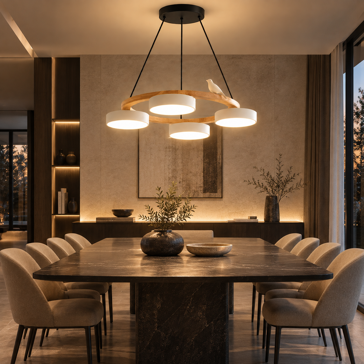 Lustre Suspendu Oiseaux en Anneau Blanc – 4 Lumières