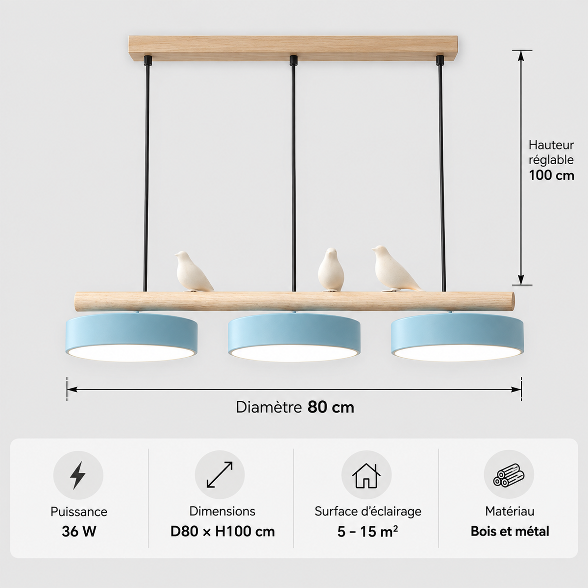 Lustre Suspendu Oiseaux Linéaire Bleu – 3 Lumières