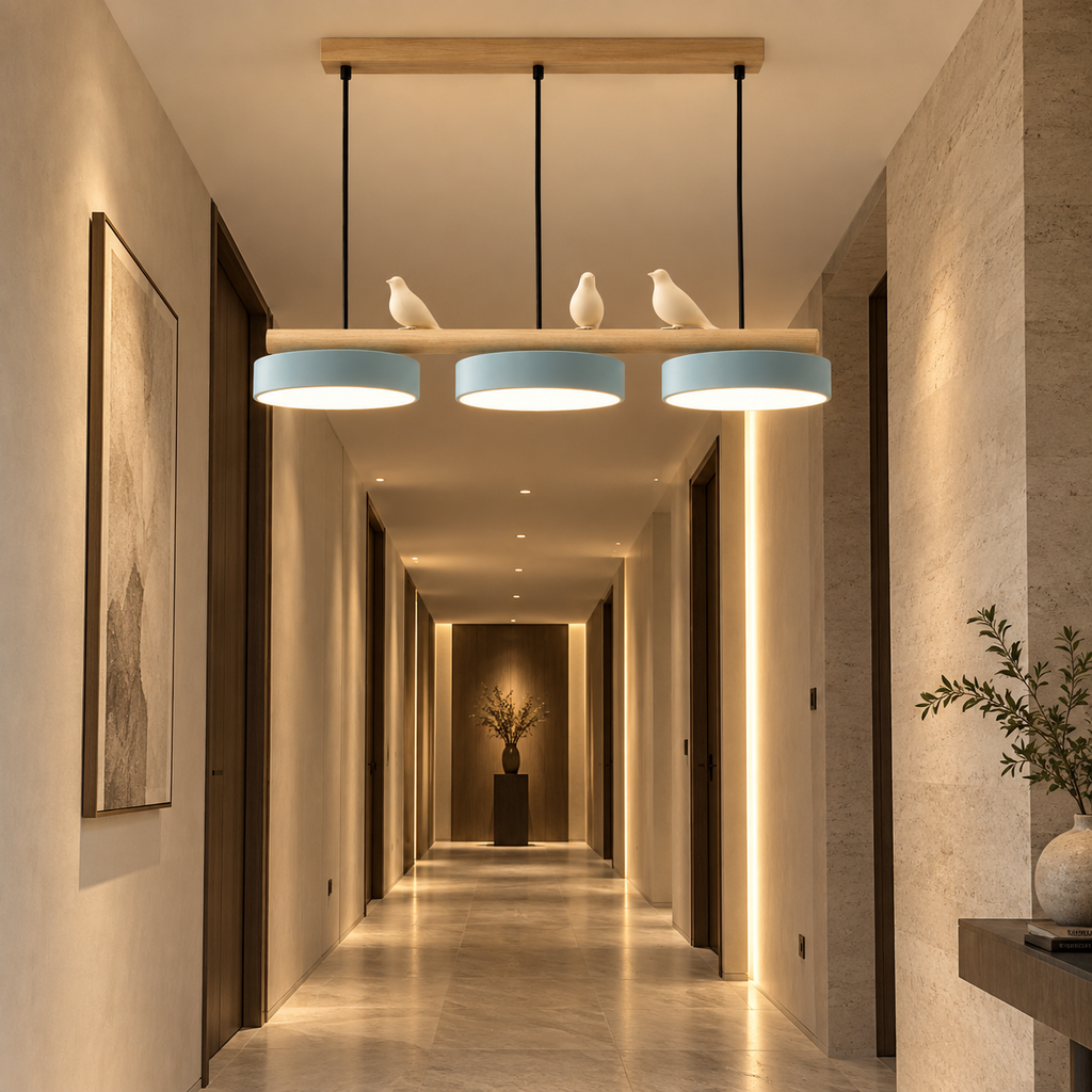 Lustre Suspendu Oiseaux Linéaire Bleu – 3 Lumières