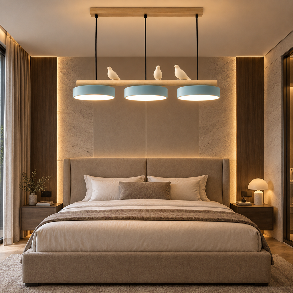 Lustre Suspendu Oiseaux Linéaire Bleu – 3 Lumières