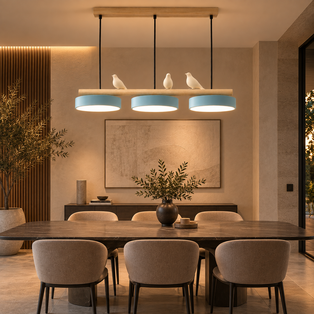 Lustre Suspendu Oiseaux Linéaire Bleu – 3 Lumières