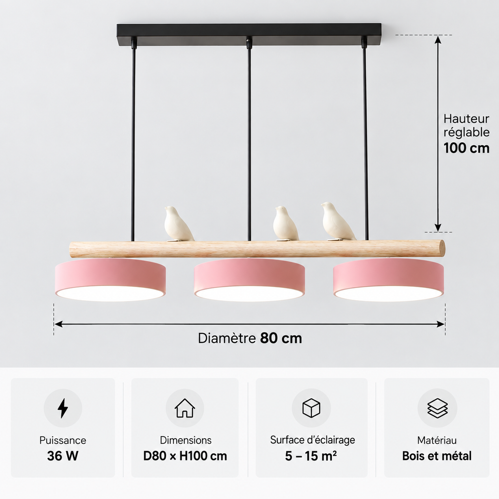 Lustre Suspendu Oiseaux Linéaire Rose – 3 Lumières
