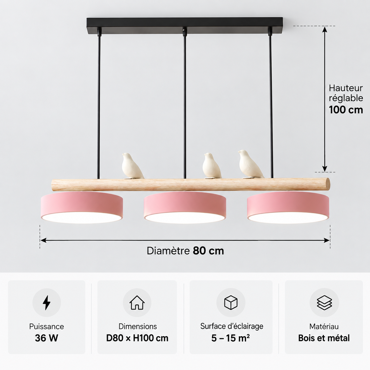 Lustre Suspendu Oiseaux Linéaire Rose – 3 Lumières