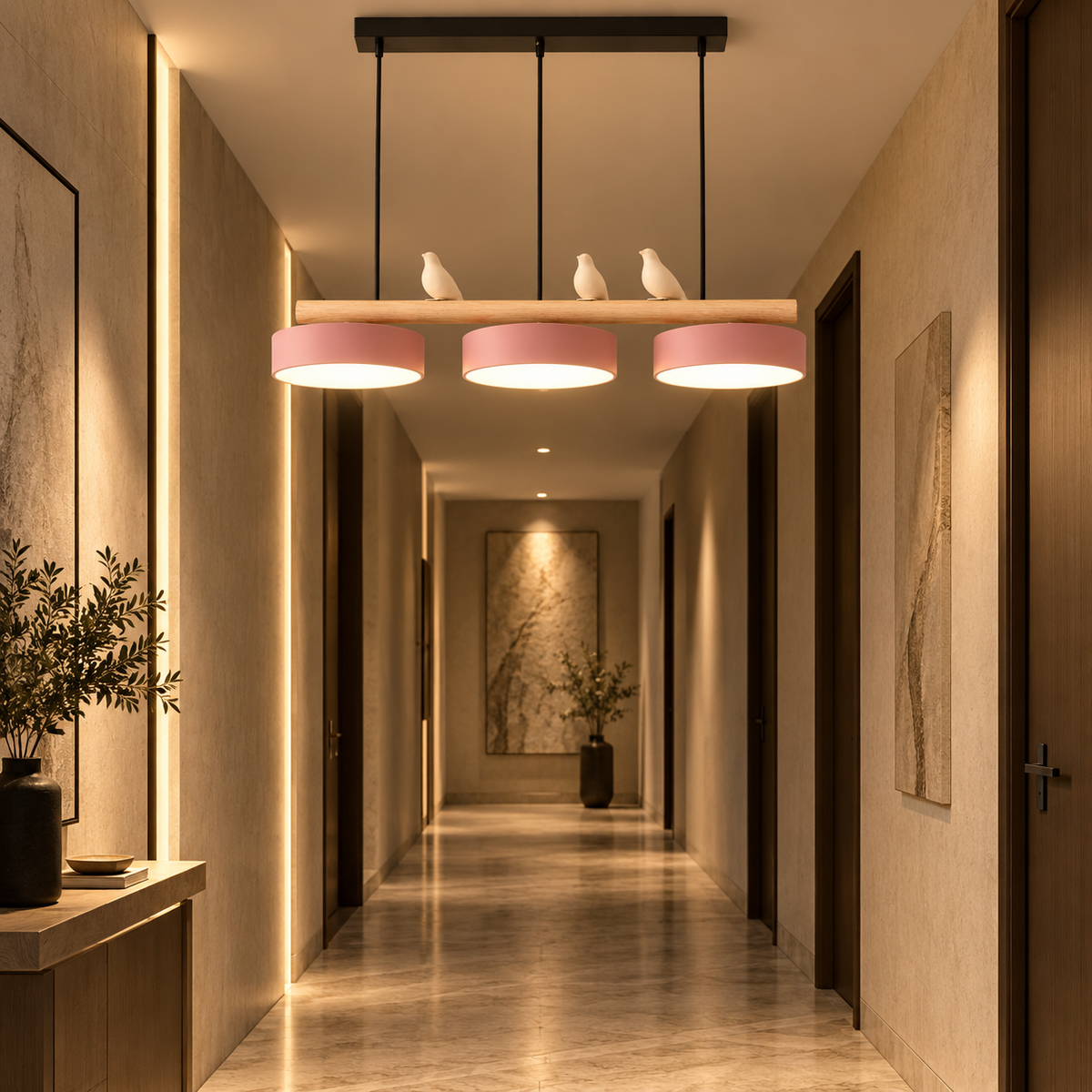 Lustre Suspendu Oiseaux Linéaire Rose – 3 Lumières