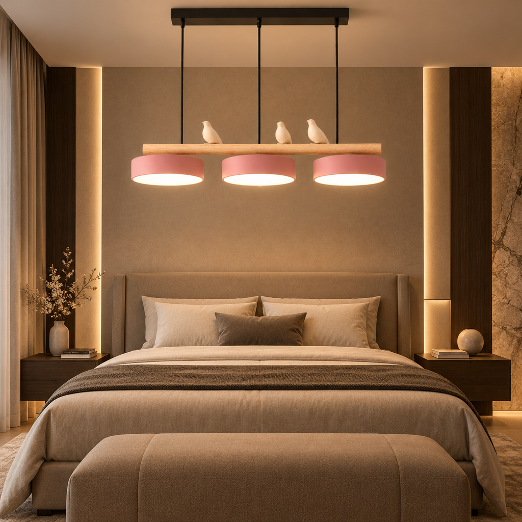 Lustre Suspendu Oiseaux Linéaire Rose – 3 Lumières