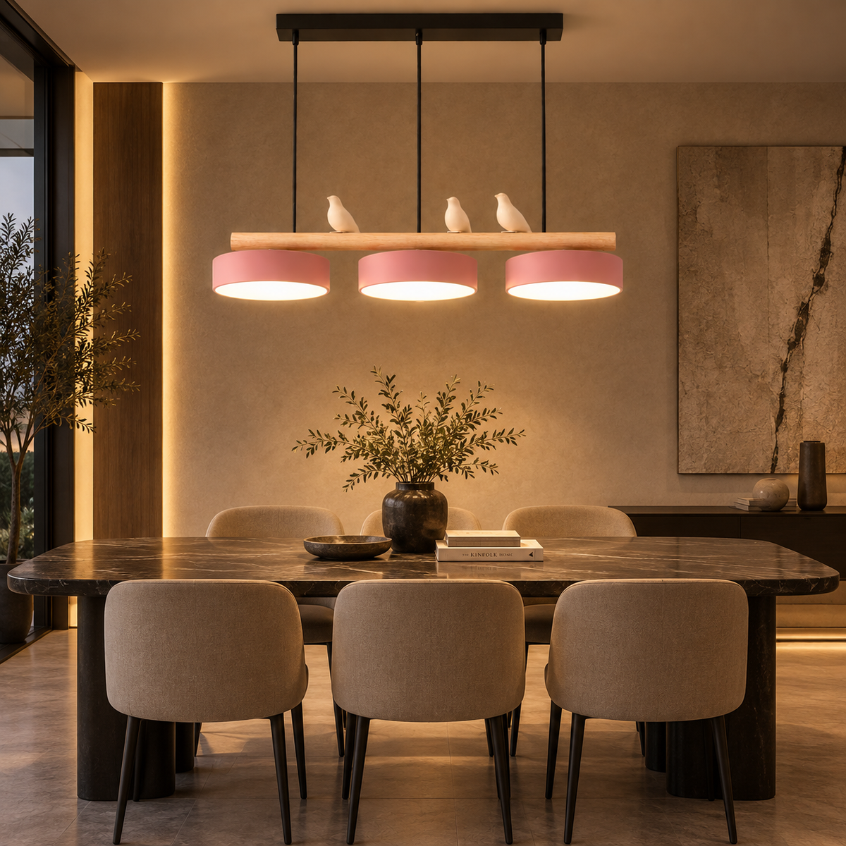 Lustre Suspendu Oiseaux Linéaire Rose – 3 Lumières