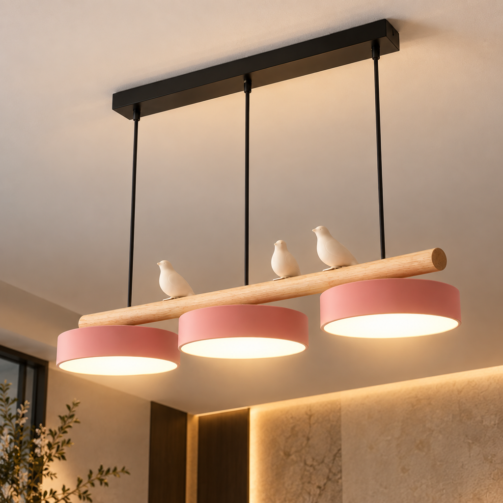 Lustre Suspendu Oiseaux Linéaire Rose – 3 Lumières