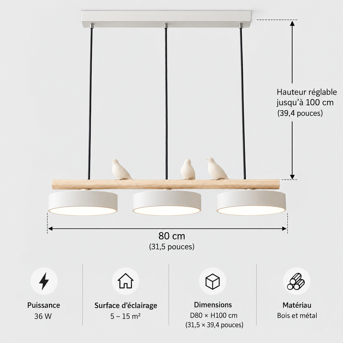 Lustre Suspendu Oiseaux Linéaire Blanc – 3 Lumières