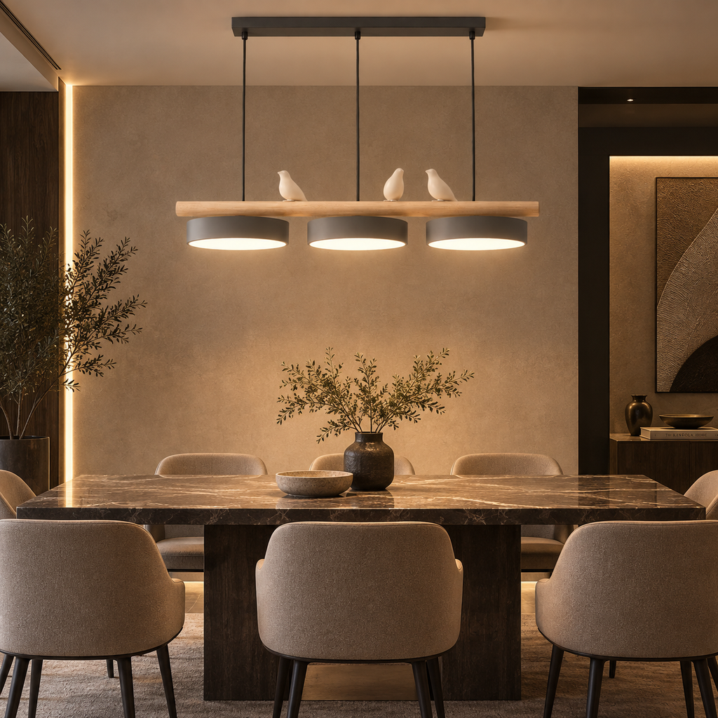Lustre Suspendu Oiseaux Linéaire Gris – 3 Lumières