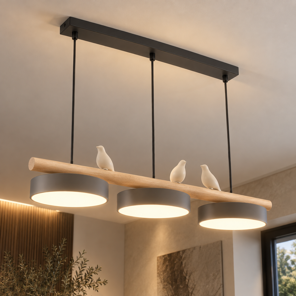 Lustre Suspendu Oiseaux Linéaire Gris – 3 Lumières