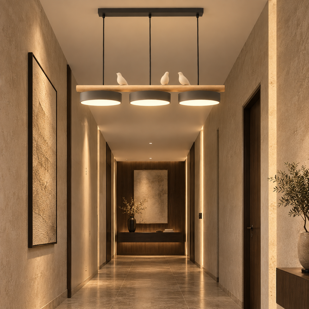 Lustre Suspendu Oiseaux Linéaire Gris – 3 Lumières