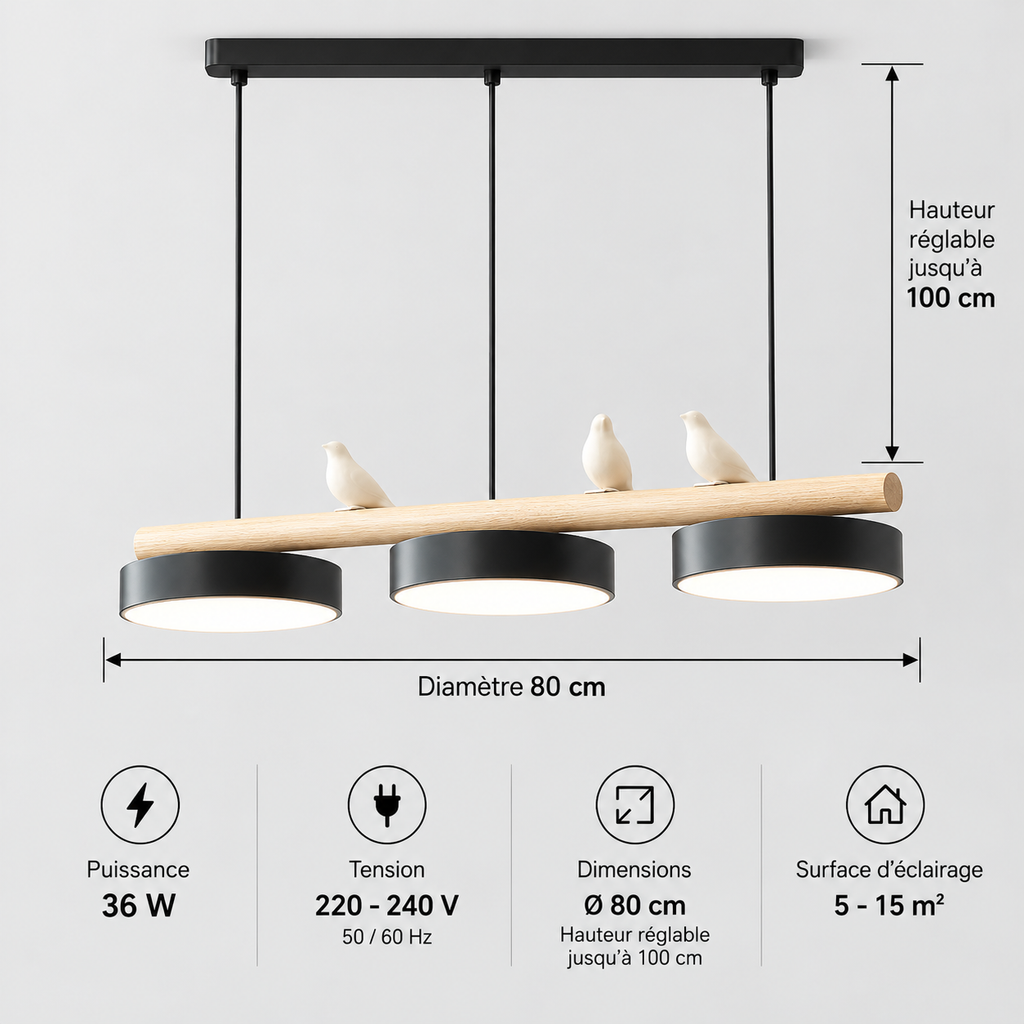 Lustre Suspendu Oiseaux Linéaire Noir – 3 Lumières