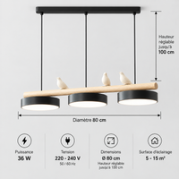 Lustre Suspendu Oiseaux Linéaire Noir – 3 Lumières