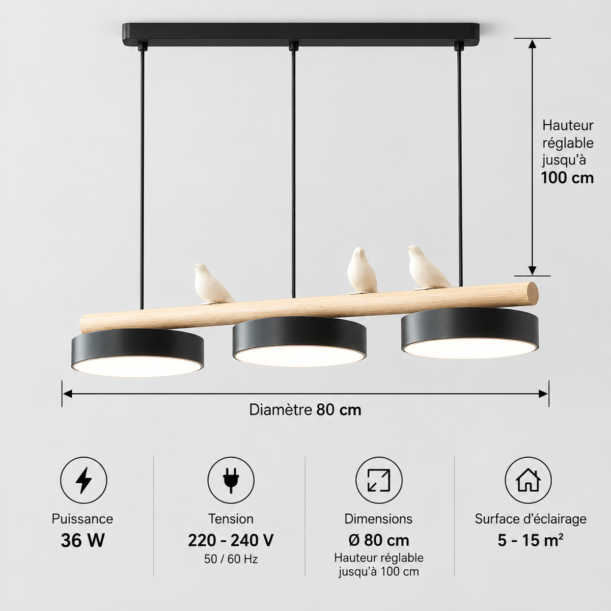 Lustre Suspendu Oiseaux Linéaire Noir – 3 Lumières