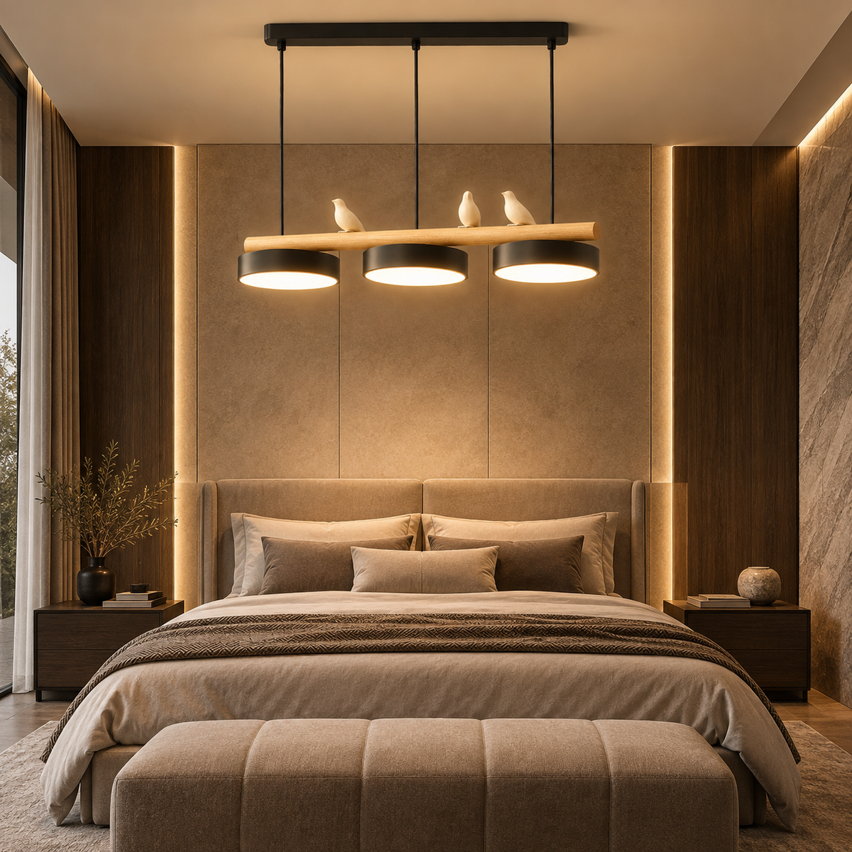 Lustre Suspendu Oiseaux Linéaire Noir – 3 Lumières