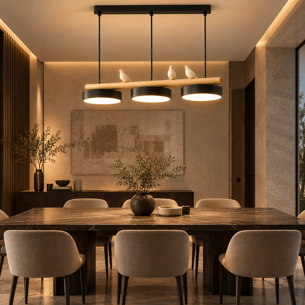 Lustre Suspendu Oiseaux Linéaire Noir – 3 Lumières