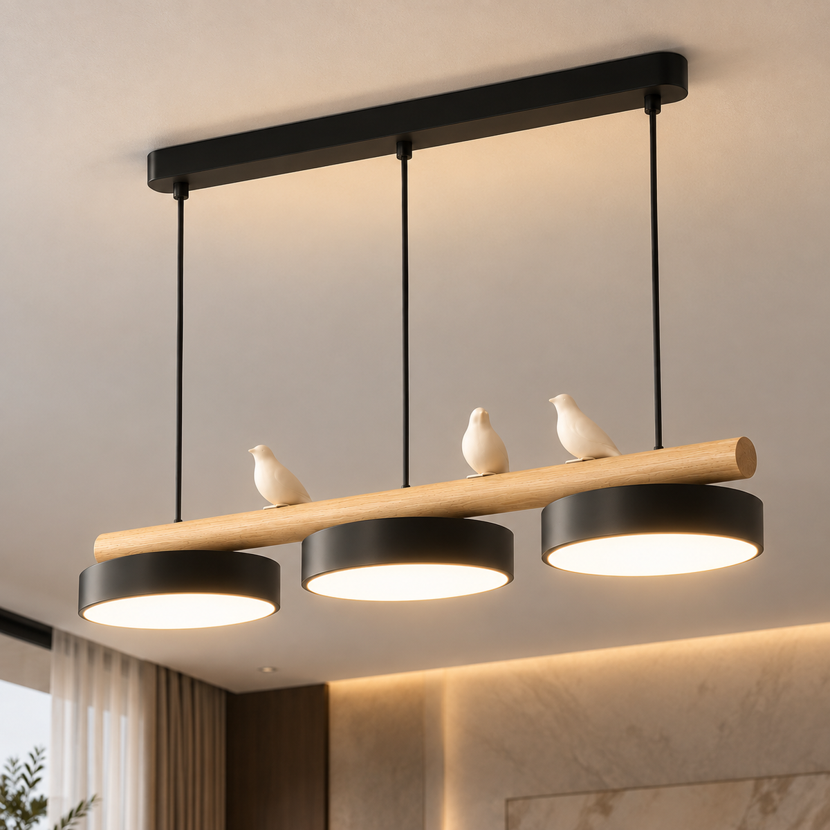Lustre Suspendu Oiseaux Linéaire Noir – 3 Lumières