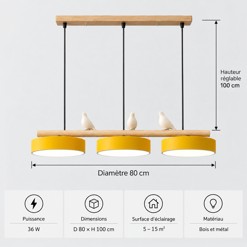 Lustre Suspendu Oiseaux Linéaire Jaune – 3 Lumières