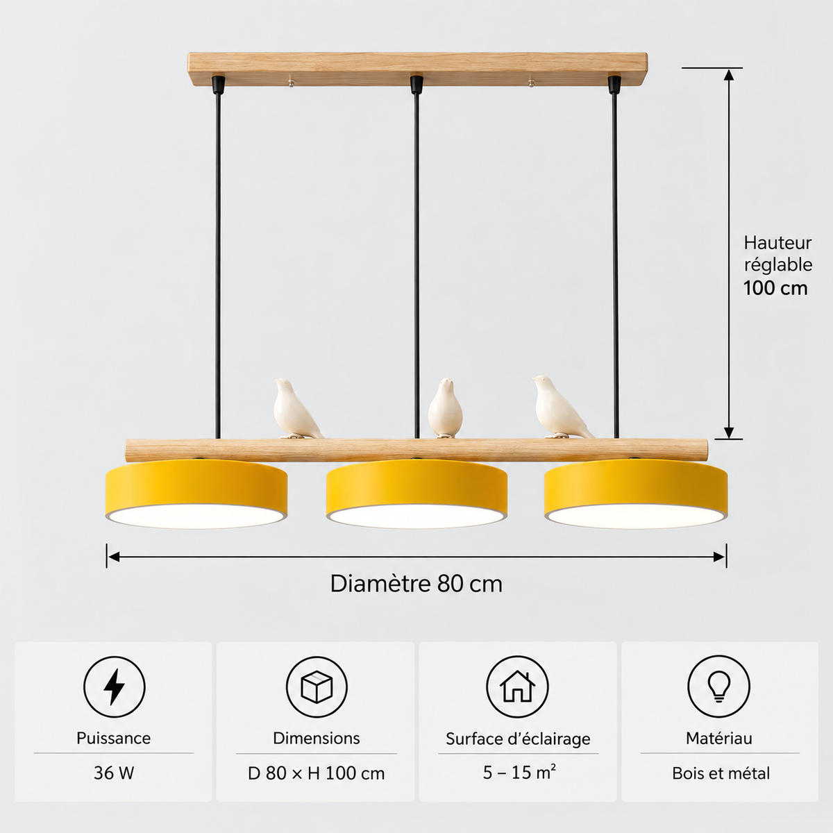 Lustre Suspendu Oiseaux Linéaire Jaune – 3 Lumières