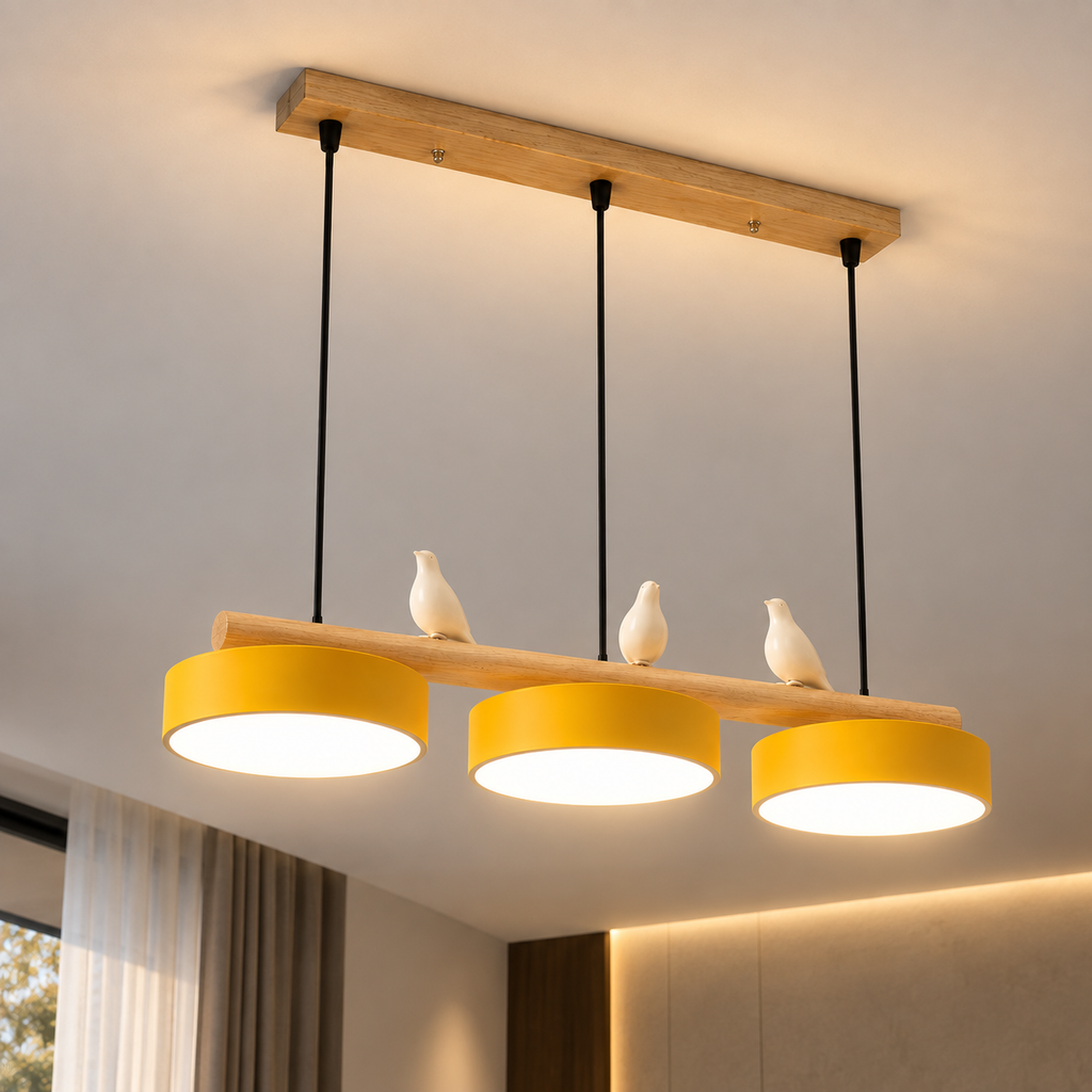 Lustre Suspendu Oiseaux Linéaire Jaune – 3 Lumières