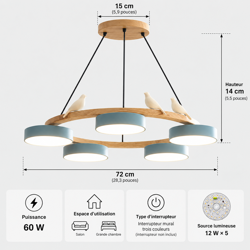 Lustre Suspendu Oiseaux en Anneau Bleu – 5 Lumières