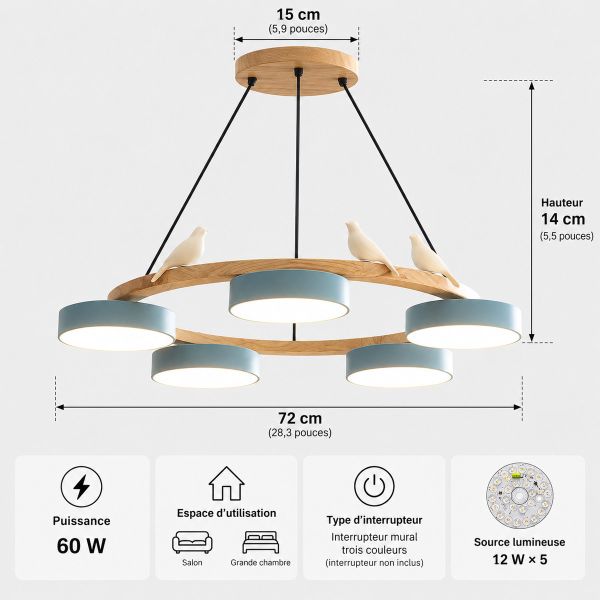 Lustre Suspendu Oiseaux en Anneau Bleu – 5 Lumières
