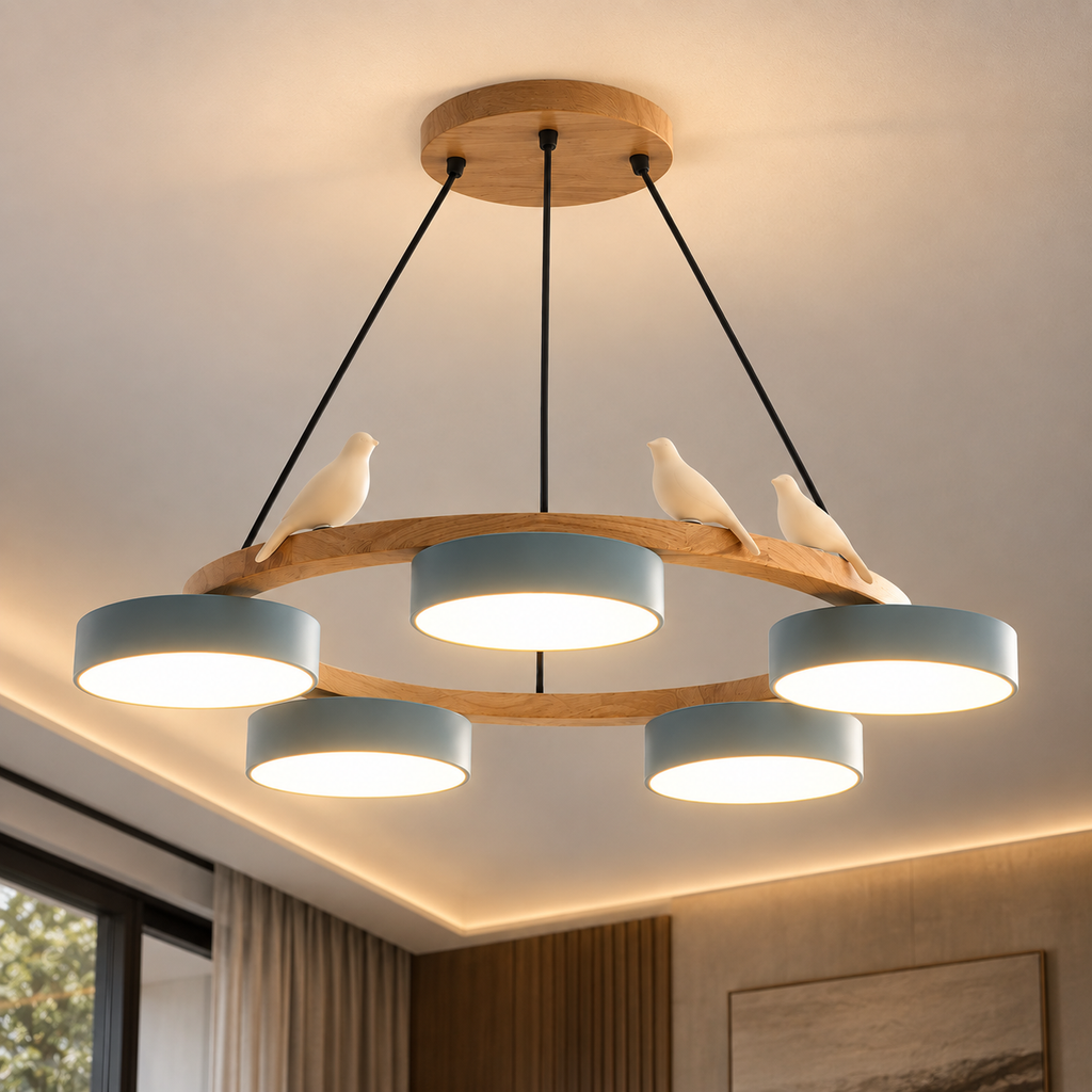 Lustre Suspendu Oiseaux en Anneau Bleu – 5 Lumières