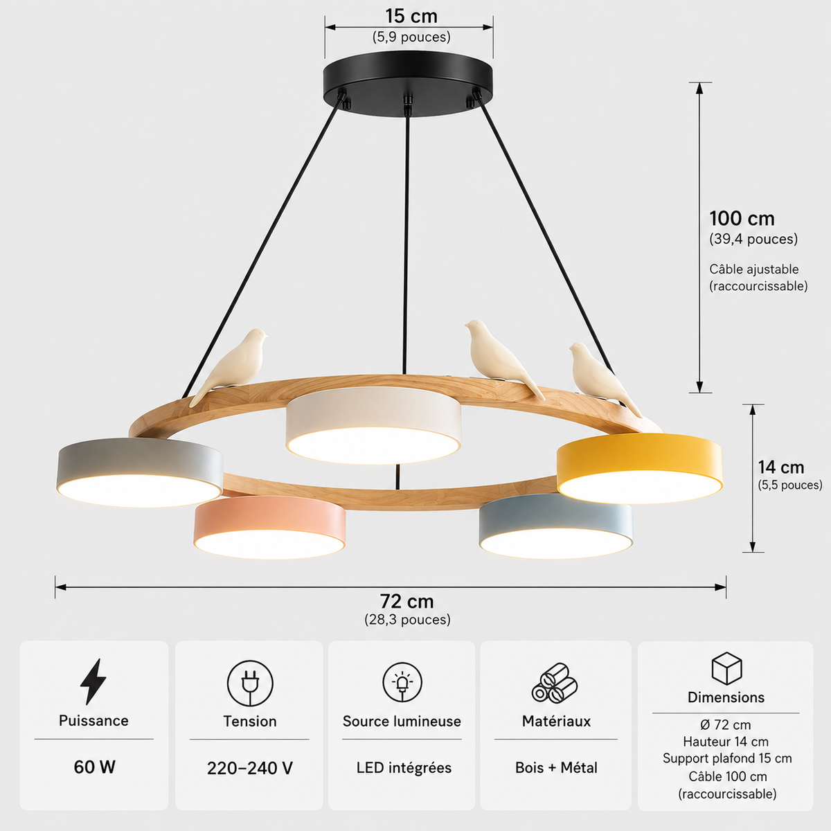 Lustre Suspendu Oiseaux en Anneau Multicolore – 5 Lumières