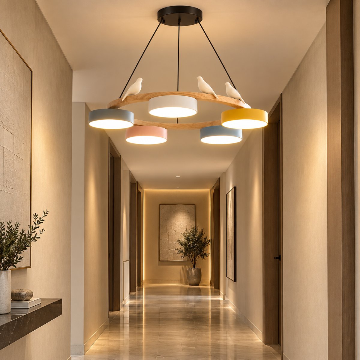 Lustre Suspendu Oiseaux en Anneau Multicolore – 5 Lumières