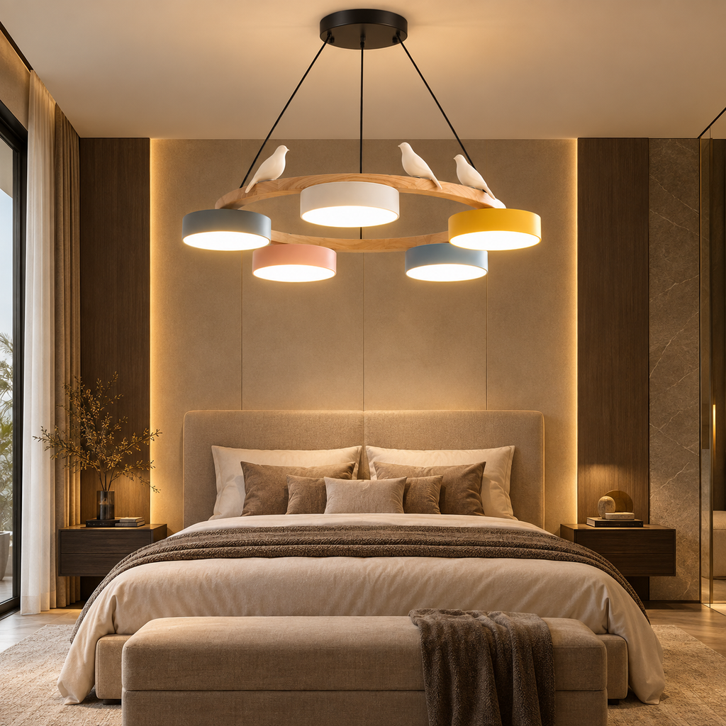 Lustre Suspendu Oiseaux en Anneau Multicolore – 5 Lumières
