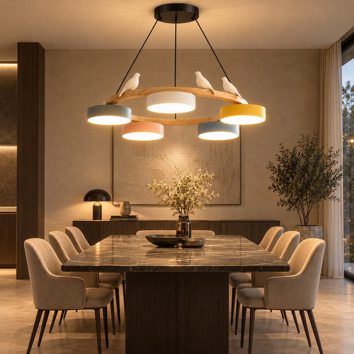 Lustre Suspendu Oiseaux en Anneau Multicolore – 5 Lumières