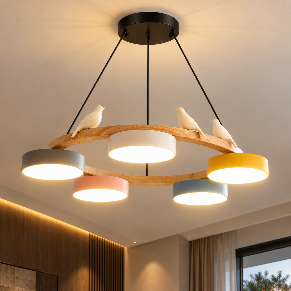 Lustre Suspendu Oiseaux en Anneau Multicolore – 5 Lumières